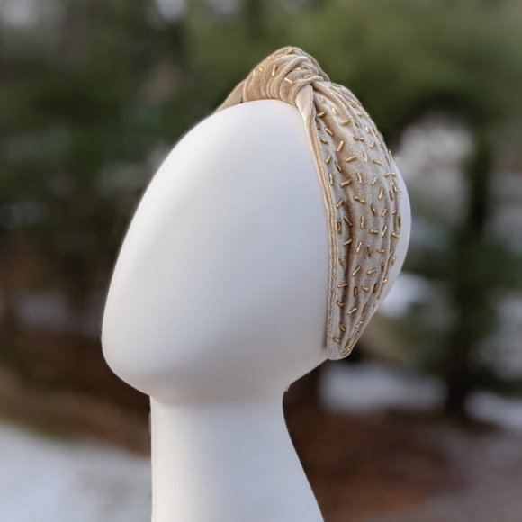 Gold Confetti Knot Velvet Headband Bugle Beads Handmade Knotted Turban Party